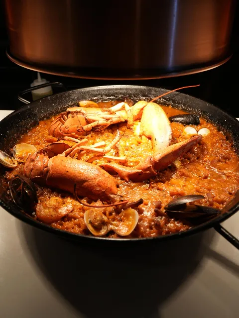 Seafood paella with lobster, mussels and clams at Madrid Tapas y Vinos