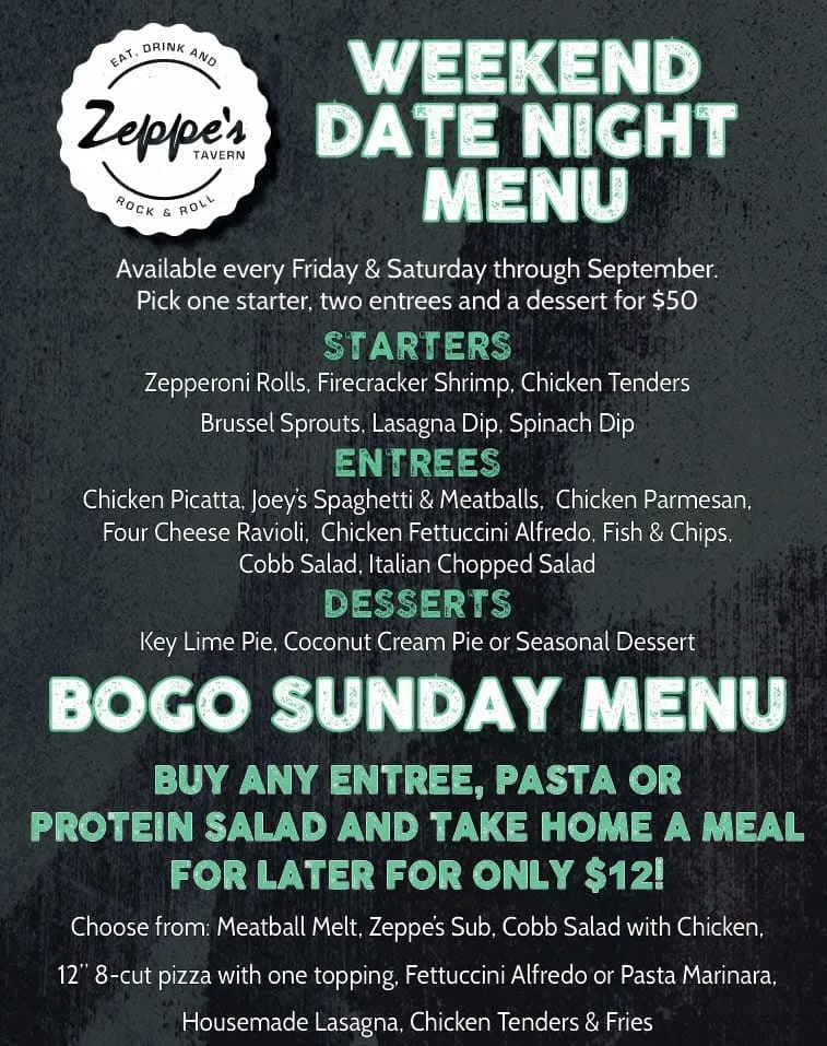 Weekend date night menu poster with specials
