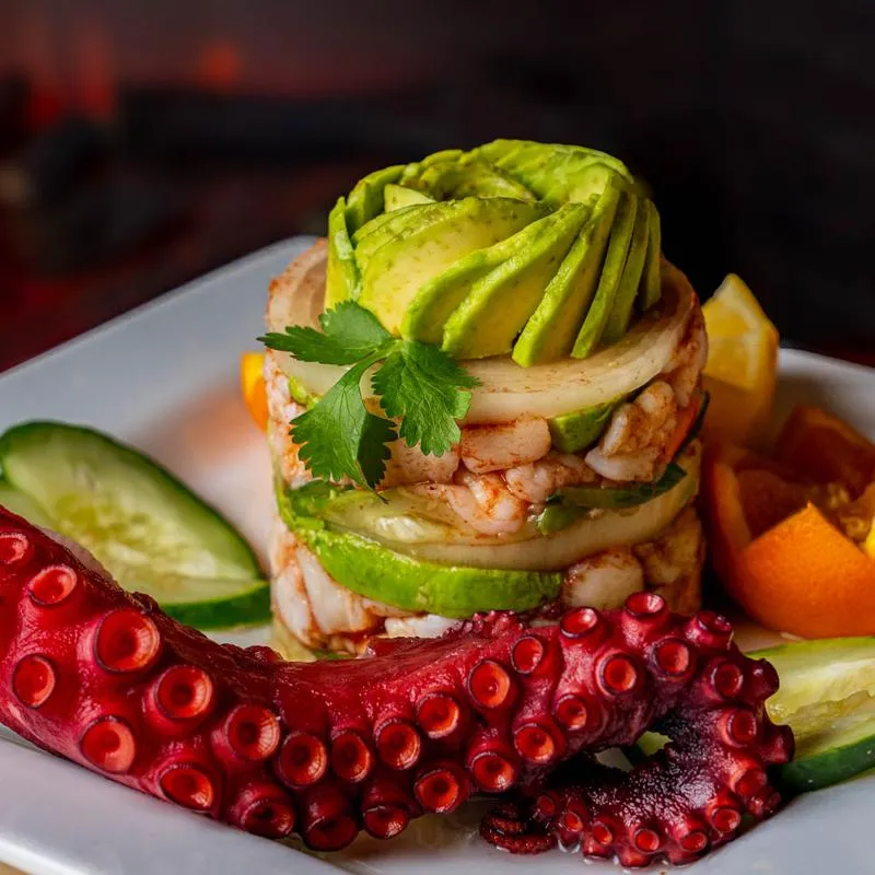 Seafood tower and grilled octopus.