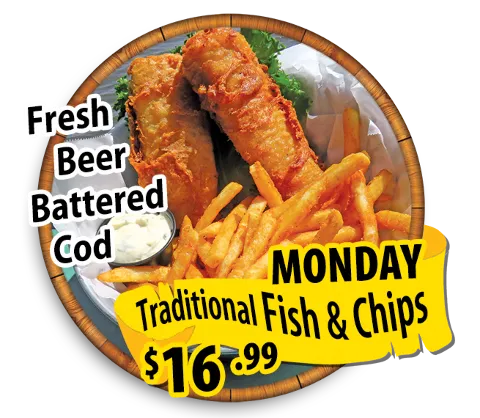 hidden treasure restaurant monday daily special fish and chips 16.99
