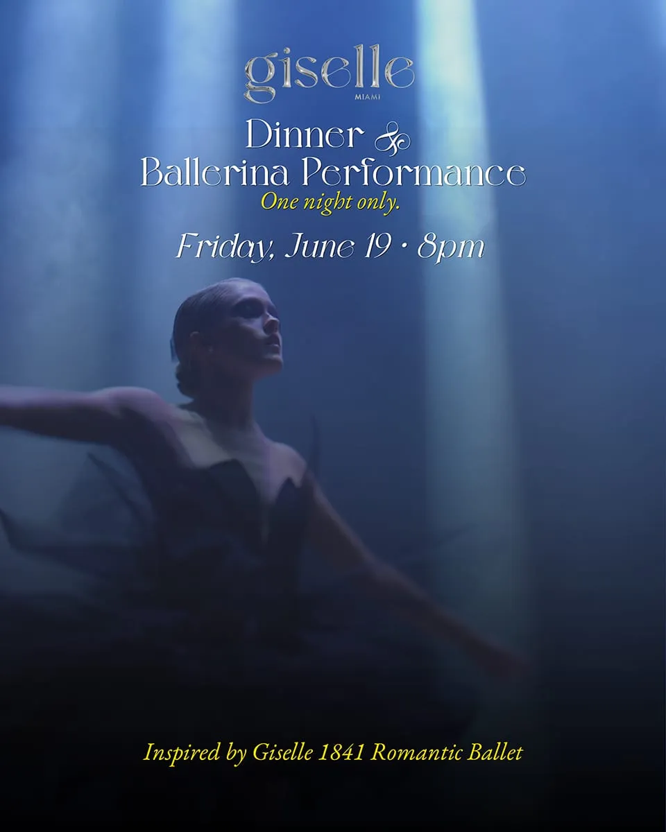 Poster advertising Giselle: Dinner & Ballerina Performance, Friday, June 19, 8pm, with dancer in blue spotlight.
