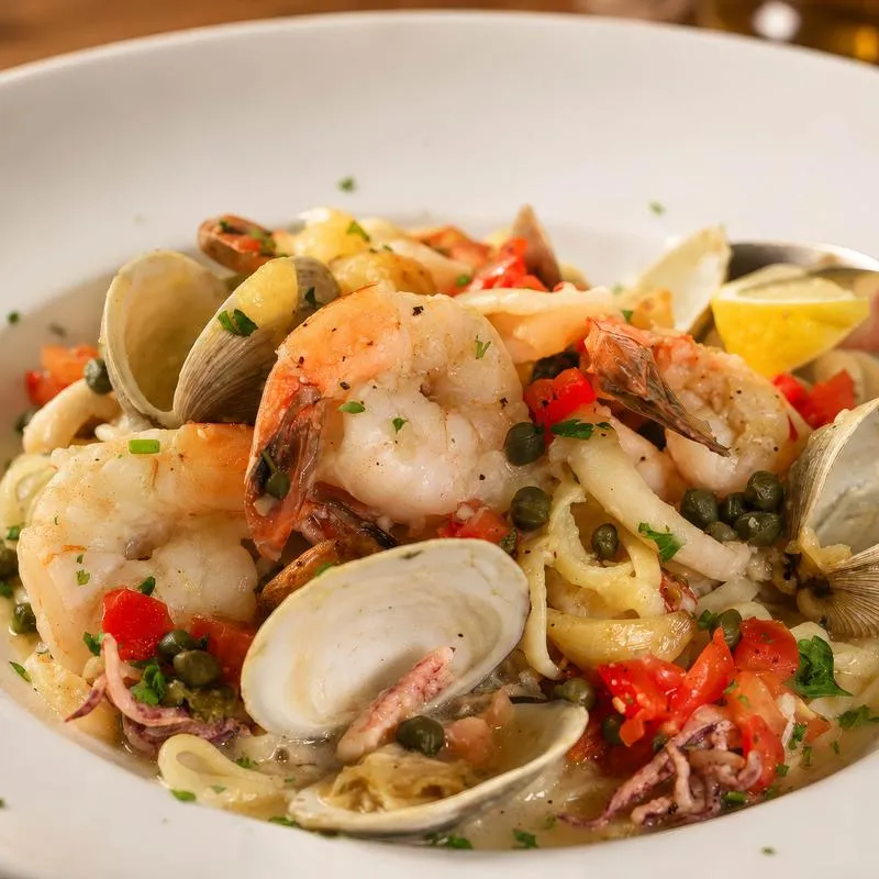 Linguine pasta with mixed seafood.