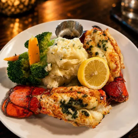 Roasted lobster tail paired with mashed potatoes, broccoli and a half of lemon.