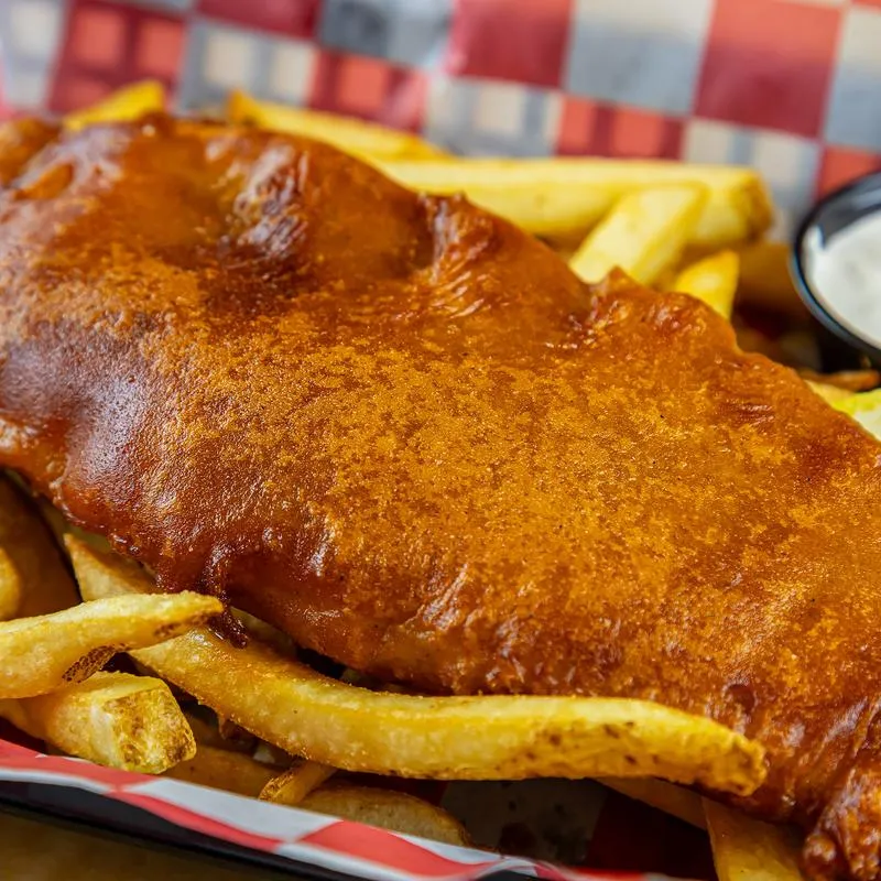 Beer battered fish and fries.