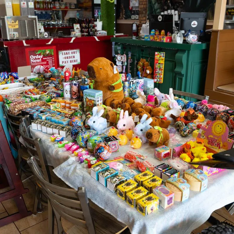 Table filled with souvenirs.