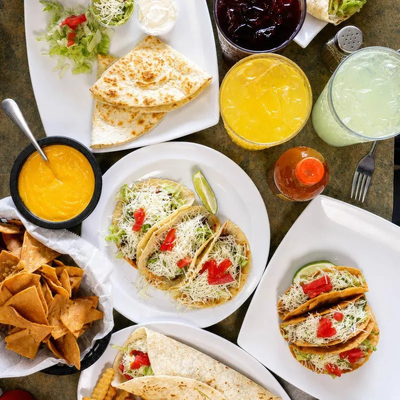 Assorted food and drinks.