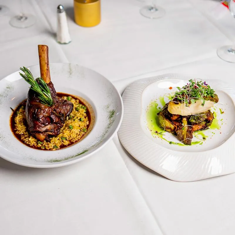 Lamb shank with orzo pasta and rosemary served alongside sea bass with vegetables and microgreens.