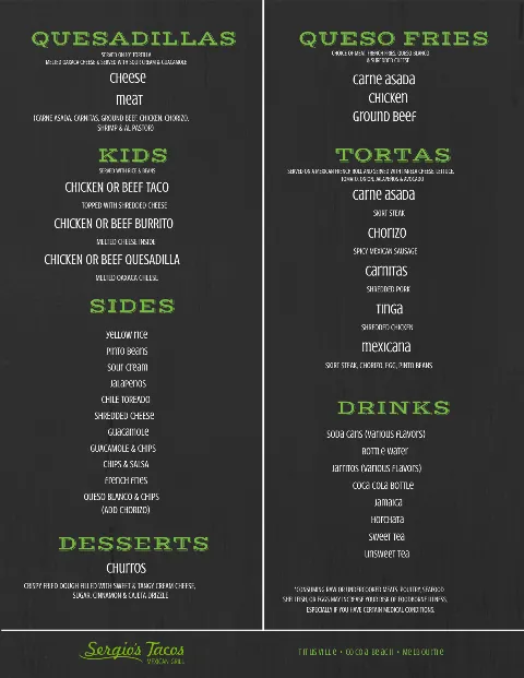 Sergio's Tacos, menu