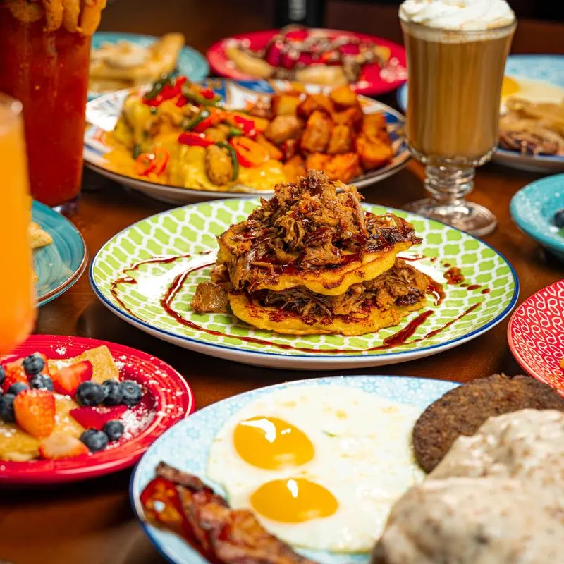 Assorted food and drinks.