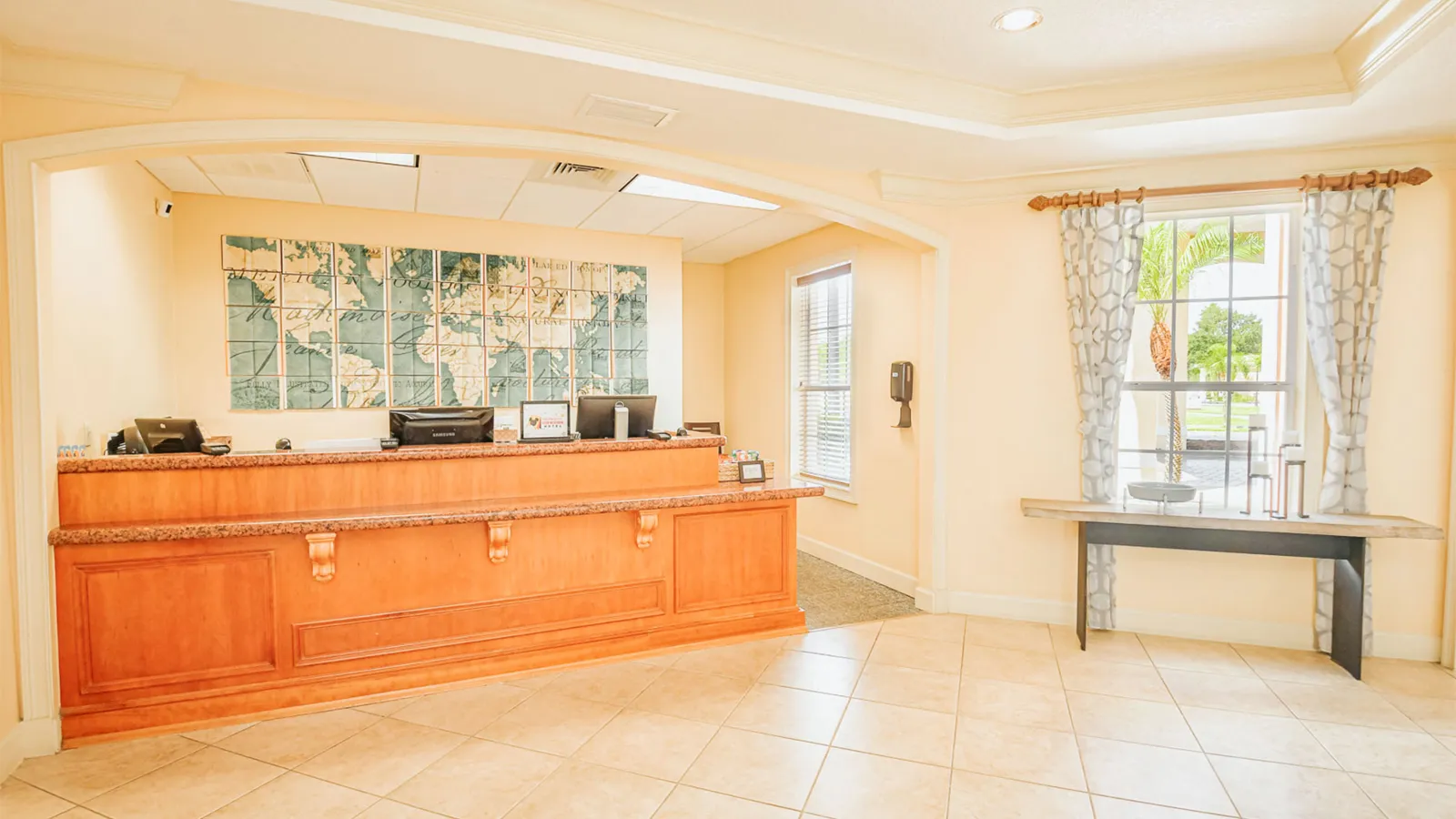 a lobby with a counter and a window