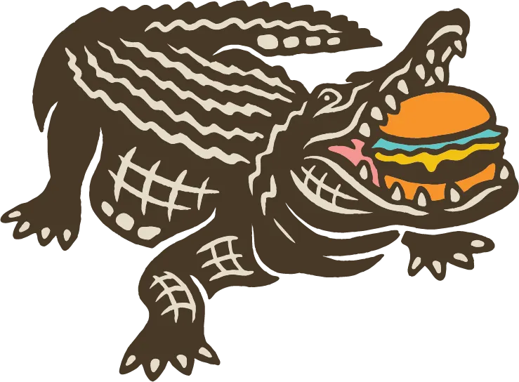 A cartoon crocodile with an open mouth holding a hamburger