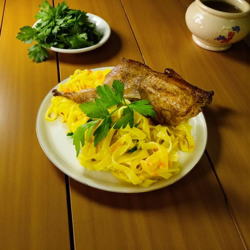 Seared quail with pasta, angled view.