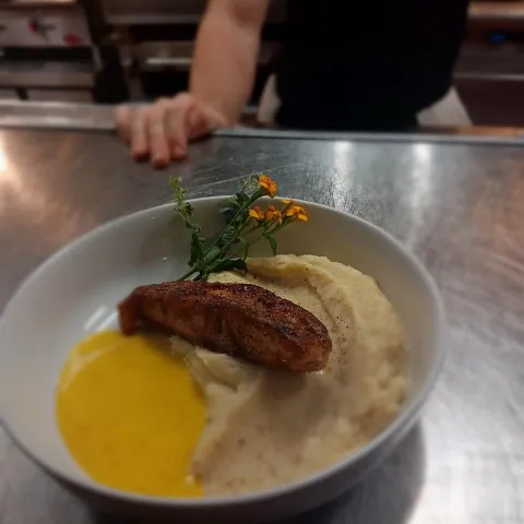 Meat on a bed of mashed potatoes, served on a kitchen counter.