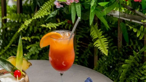 A tropical cocktail with an orange slice garnish on a table, surrounded by lush green ferns and pink flowers, next to a blue napkin.