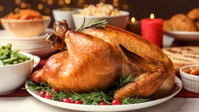 A roasted turkey garnished with rosemary and cranberries is surrounded by various side dishes on a festive dining table.