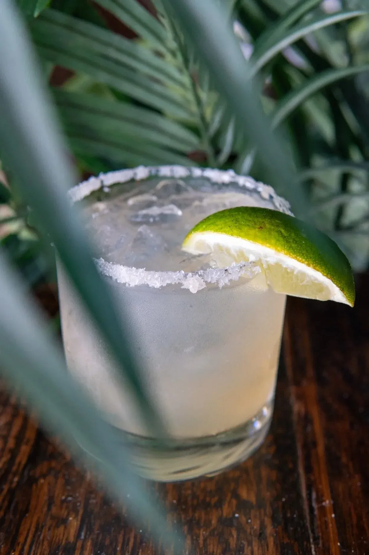 A glass of margarita garnished with a lime wedge, surrounded by pineapple leaves.