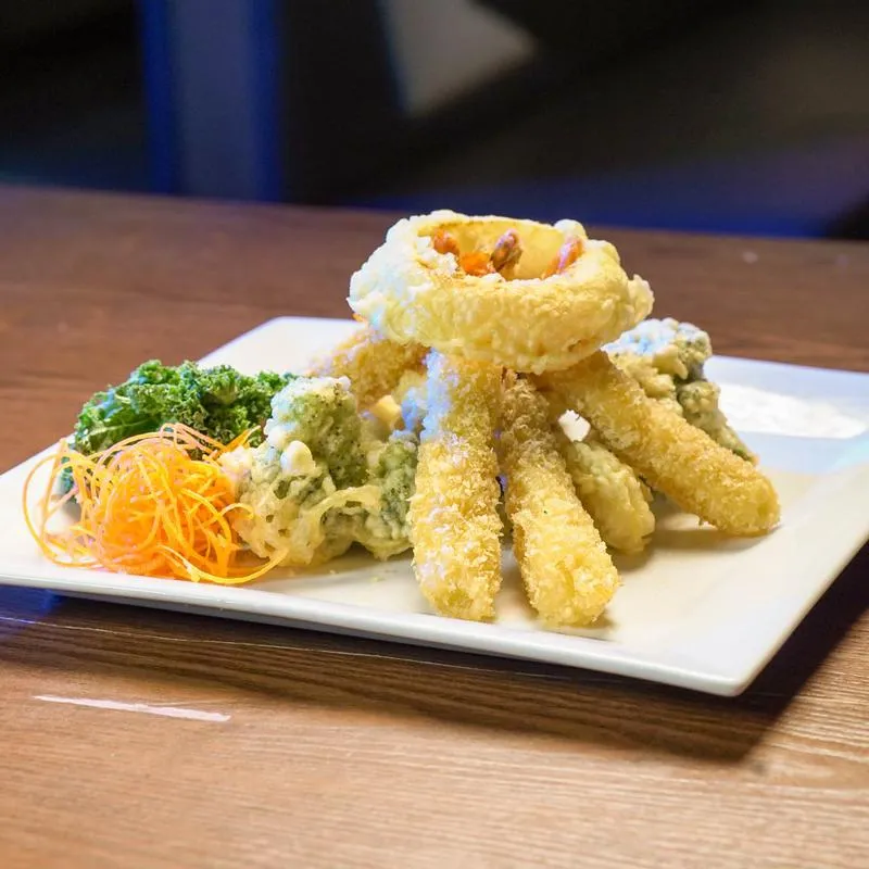 Shrimp tempura, with salad.