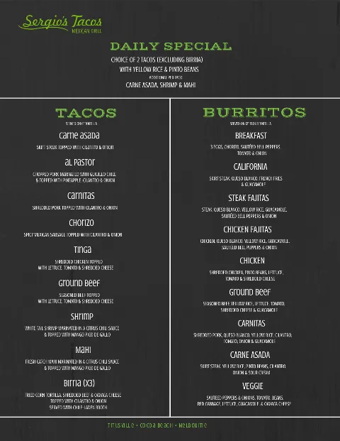 Sergio's Tacos, menu