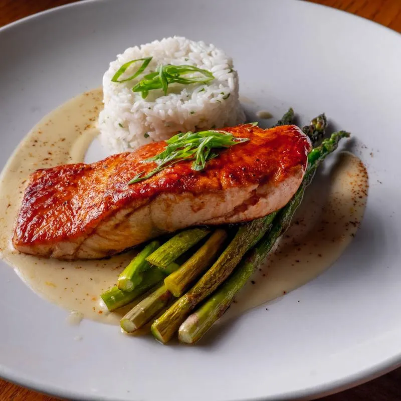 Teriyaki Glazed Salmon with Jasmine rice and asparagus.