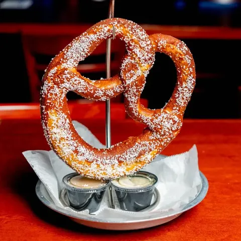 Giant Bavarian pretzel with beer cheese and mustard