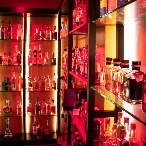 Bar shelves with hard liquor