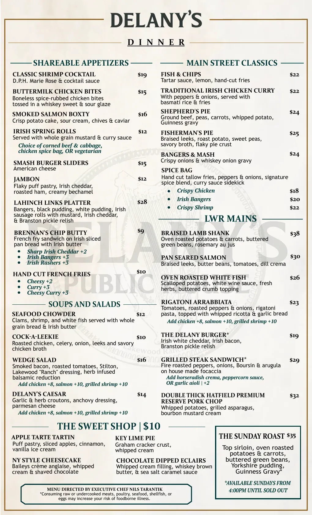 Delany's Public House dinner menu with appetizers, Irish classics, mains, and desserts