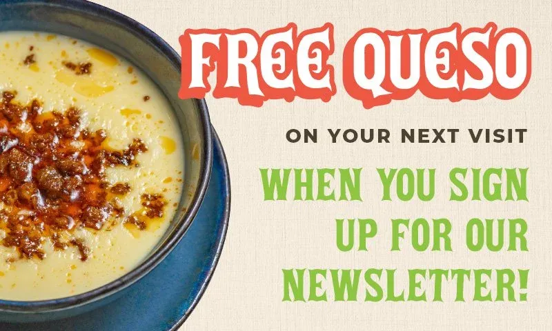 Delicious free queso offer at Peppers when you sign up for our newsletter, bringing you the latest updates on the best Mexican food in Jacksonville, exclusive deals, and margarita specials at one of t