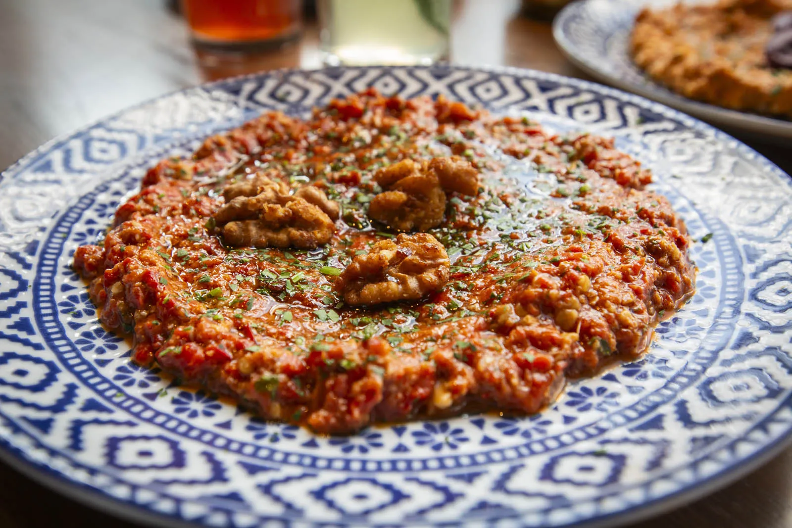 Roasted red pepper hummus served at Del Mar Mediterranean restaurant at Easton Town Center in Columbus, Ohio.