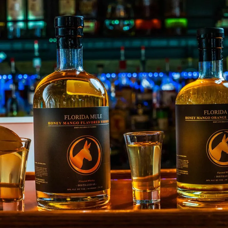 Whiskey shots and bottles on a bar counter.