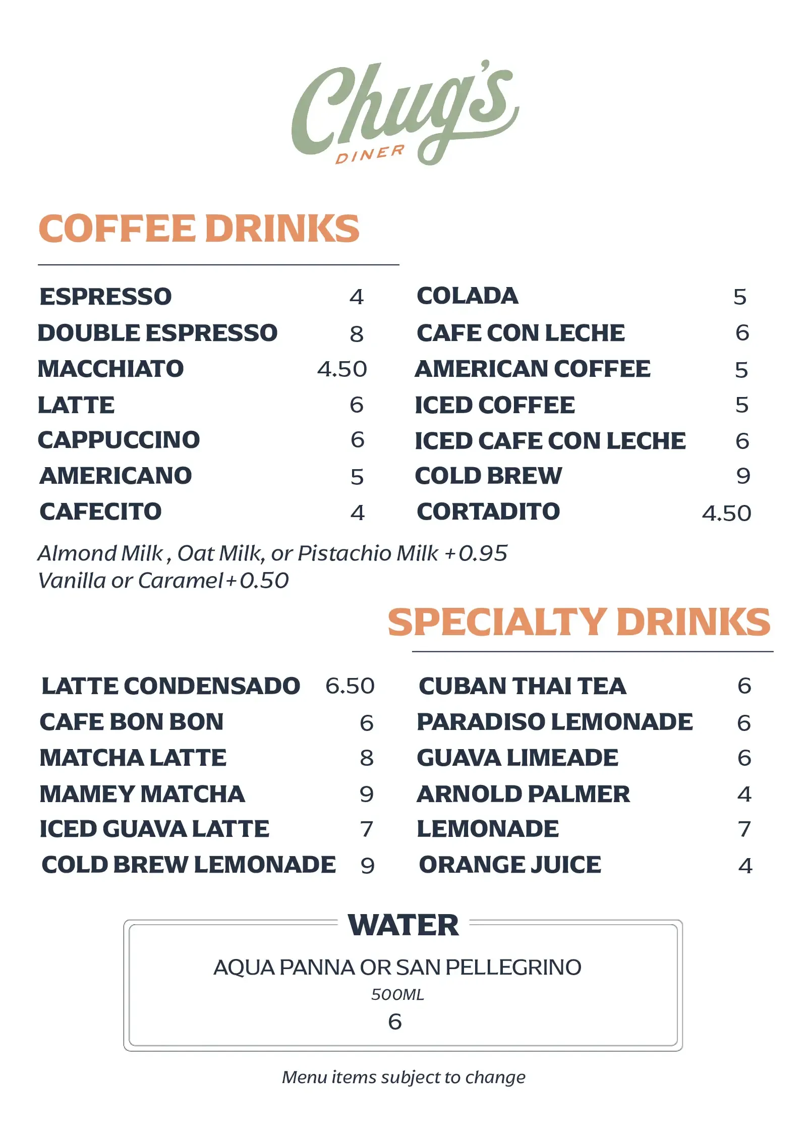 Chug's Drink Menu