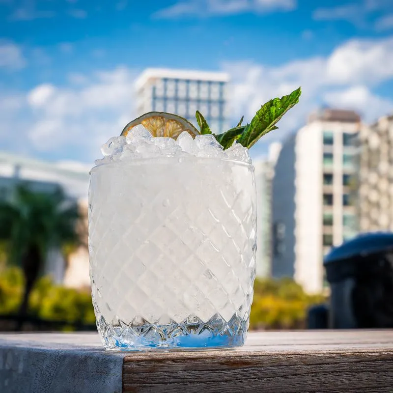 White cocktail garnished with mint.