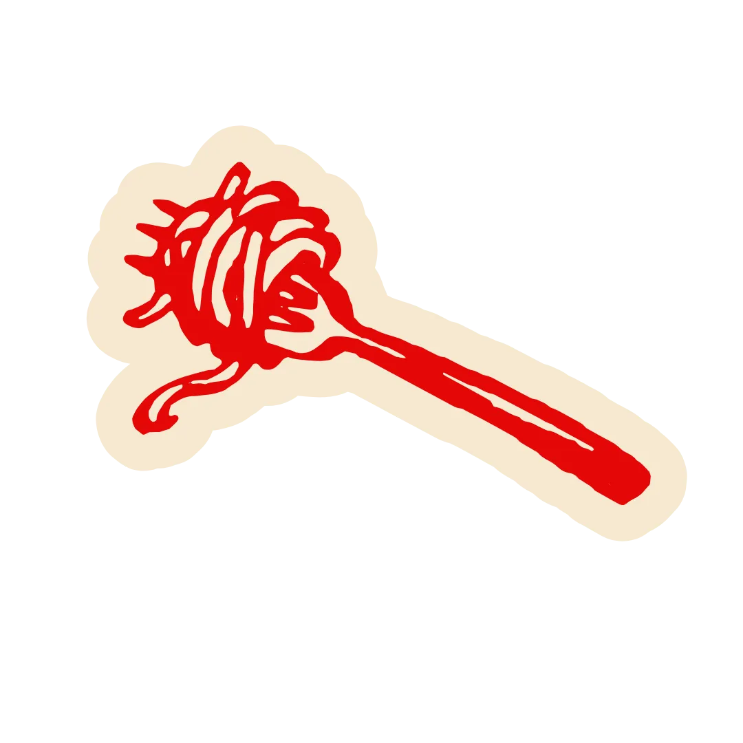 Illustration of a red hairbrush with tangled hair on a black background.
