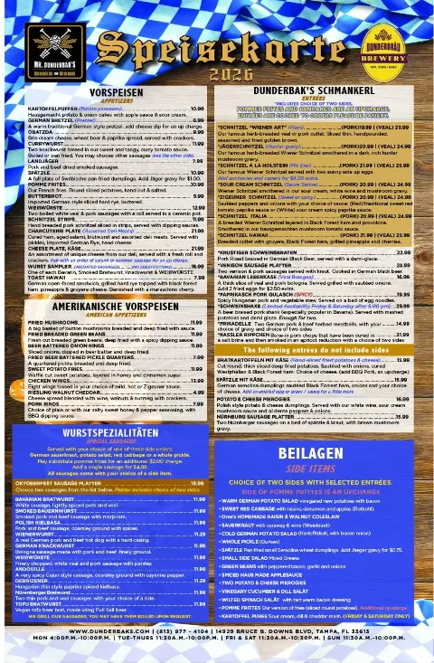 Mr Dunderbaks, menu