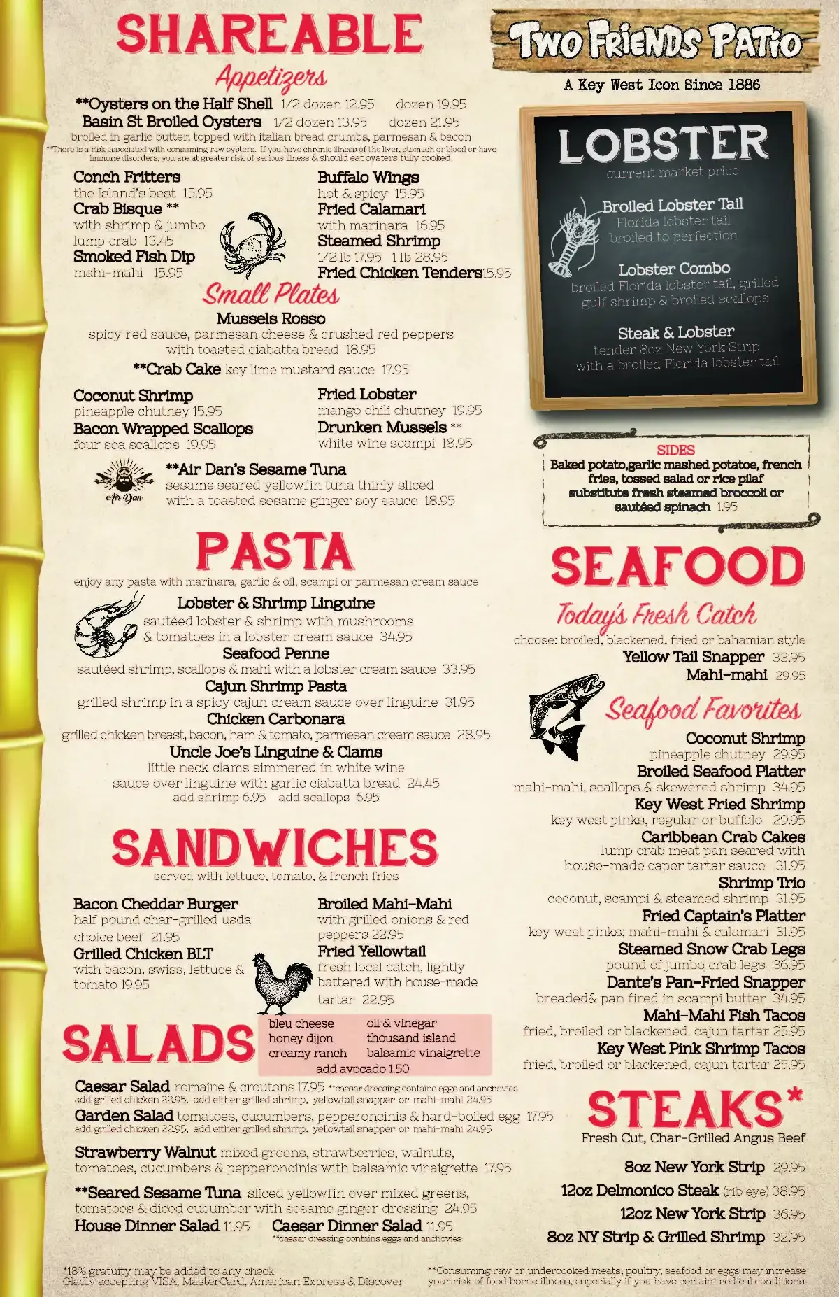 Two Friends, Key West,  Dinner Menu