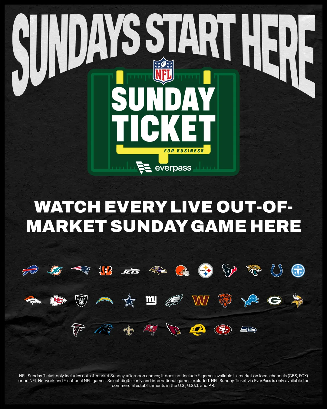 Official EverPass NFL Sunday Ticket artwork announcing every live out-of-market Sunday game at T.J. Carney's