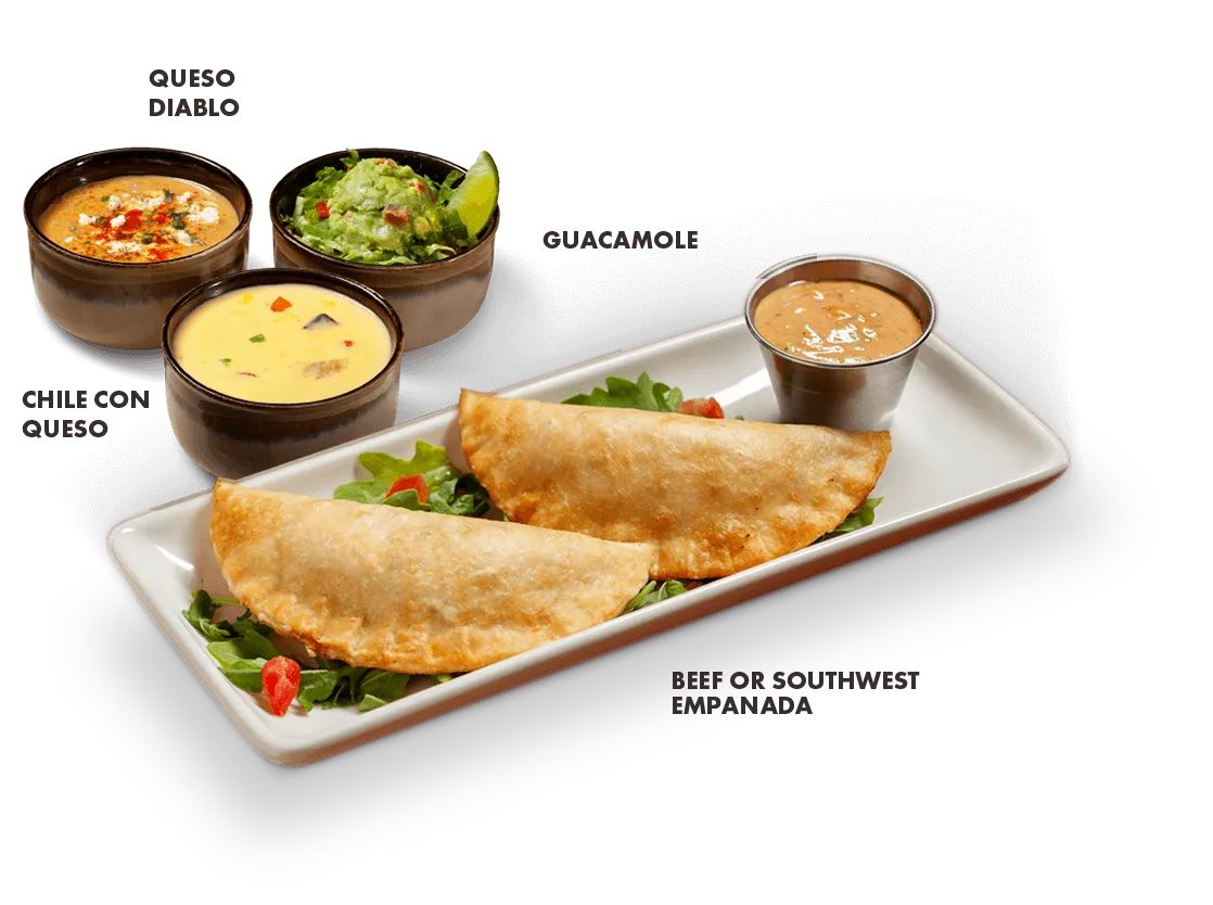 Chile con queso, queso diablo, guacamole and beef/southwest empanadas