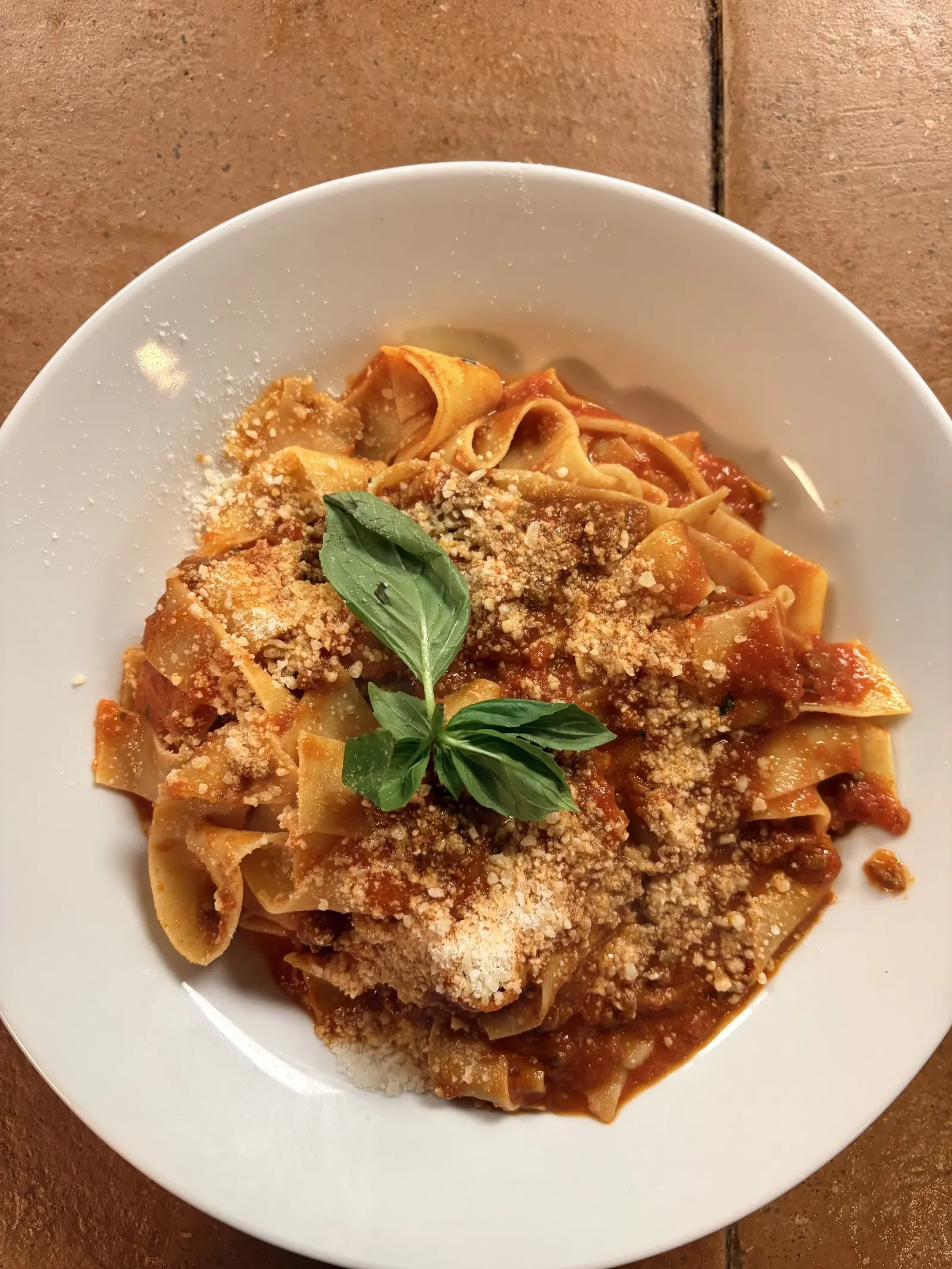 Close-up of a white plate of cooked pasta with tomato sauce, sprinkled with grated cheese, garnished with a fresh basil leaf, on a brown textured surface.