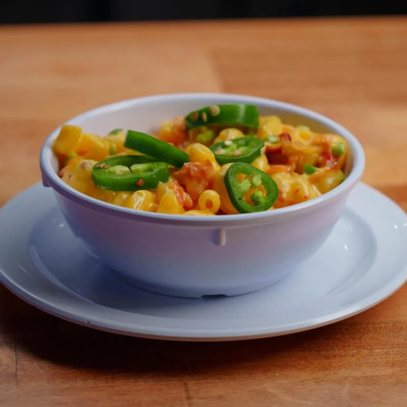 Jalapeño Mac And Cheese served in bowl on a white plate.