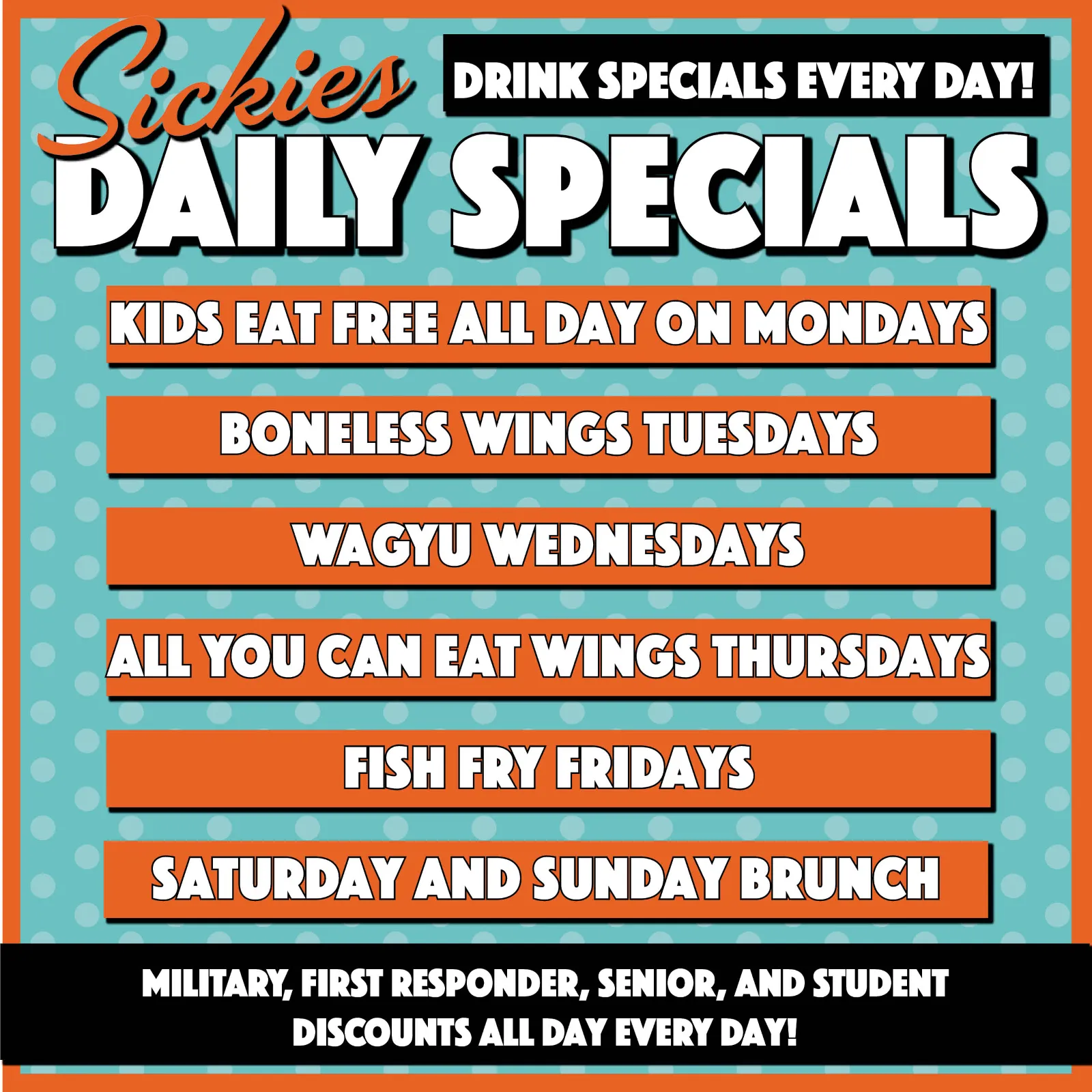 From weekday deals to weekend brunch, there’s a different reason to hit Sickies every day of the week.