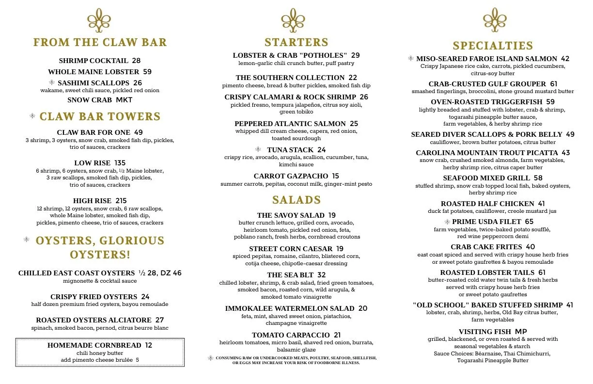 Menu with sections for a clam bar, starters, specialties at the London Club Naples.