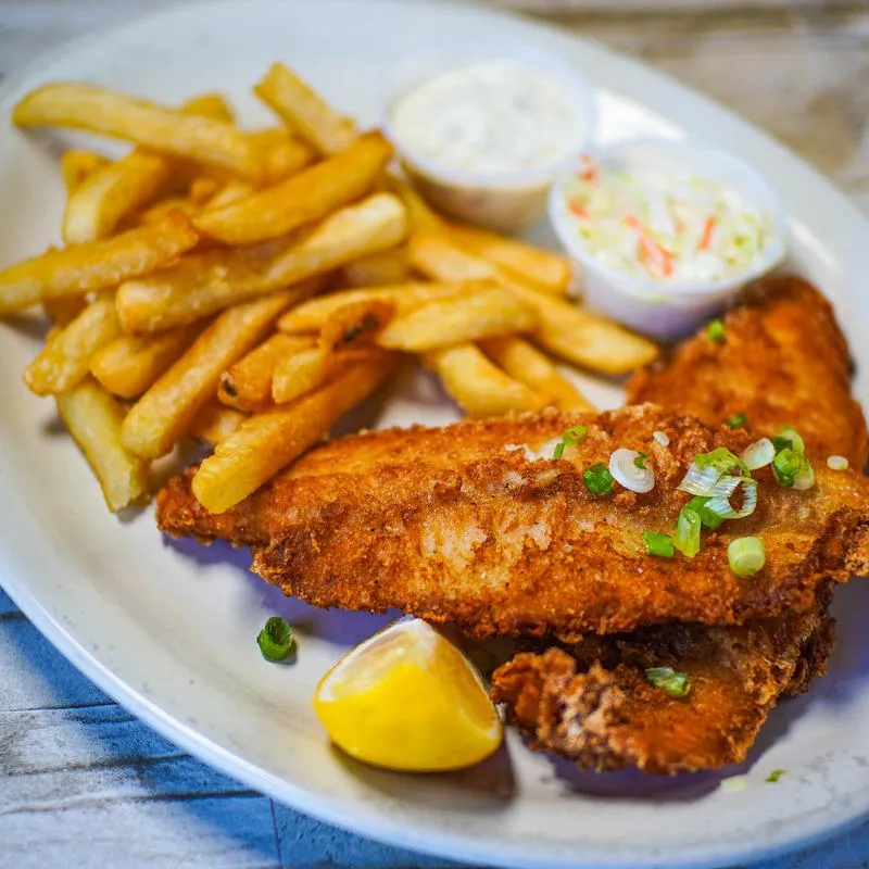 Fried fish filets with fries, coleslaw, and dipping sauce.