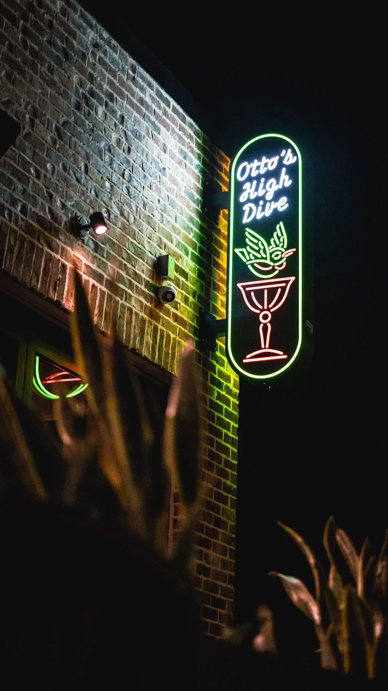 Neon sign reading 'Otto's High Dive' with a martini glass and leafy garnish design outside a brick building at night.
