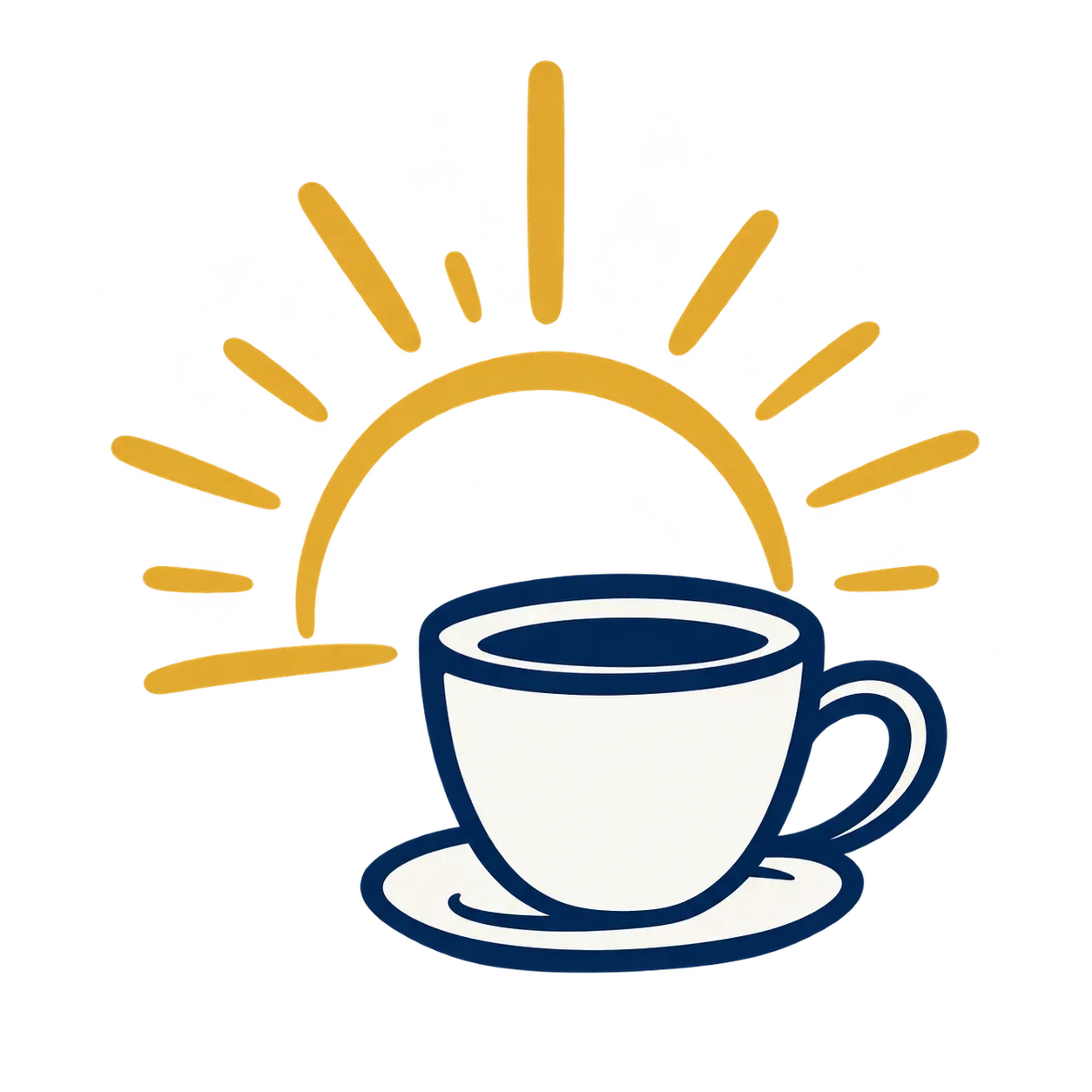 White coffee cup and saucer with navy outline in front of a yellow sunrise