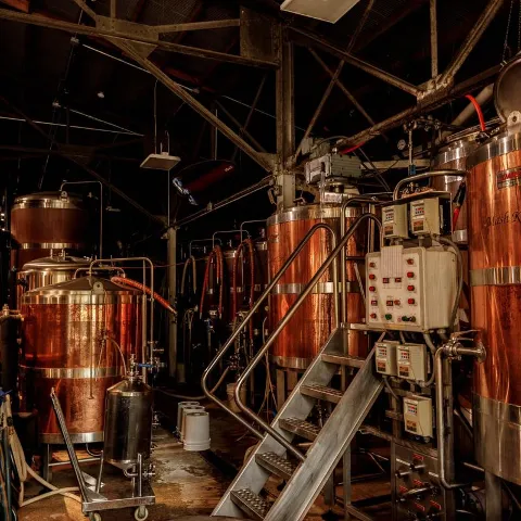 Brewing room featuring large copper and stainless steel brewing tanks.