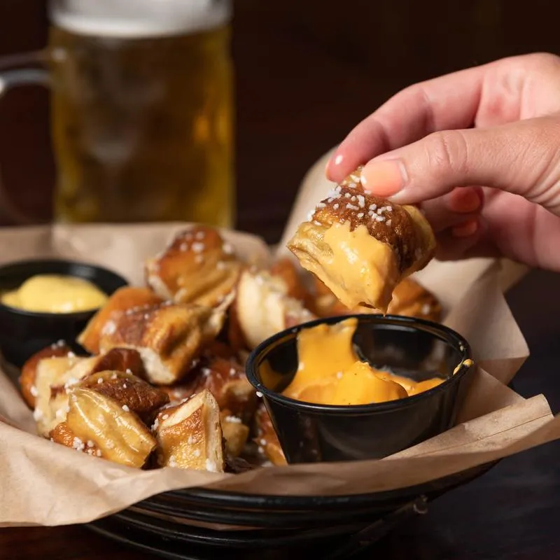 Pretzel Bites with dipping, and beer