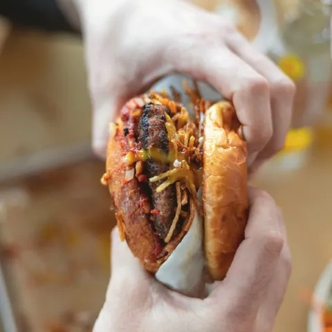 A picture of a burger prepared by Black Bean Deli