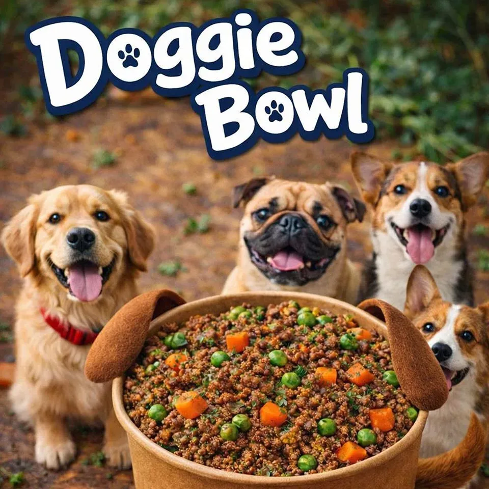 Four happy dogs sit behind a large bowl of dog food labeled "Doggie Bowl" with carrots and peas.