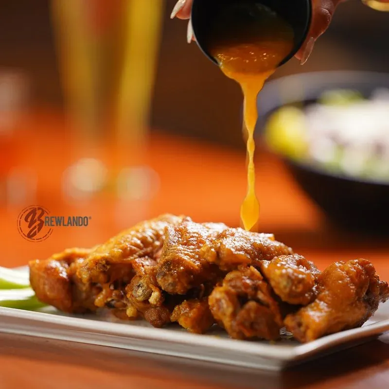 Close-up of fried chicken wings on a white plate with sauce being poured over them from a small container, in a dining setting.
