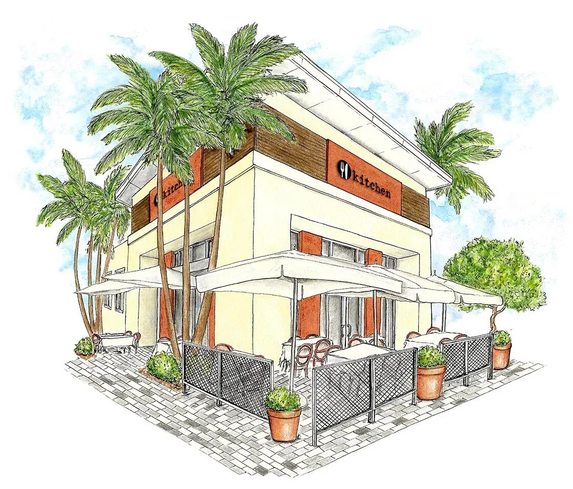 Kitchen restaurant exterior with palm trees and outdoor seating illustration
