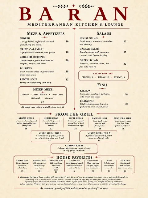 BARAN food menu — meze & appetizers, salads, fish, from the grill, house favorites